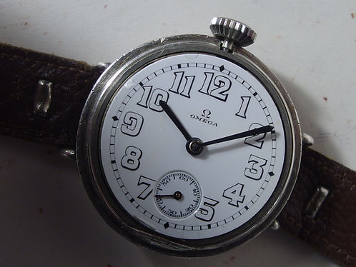 4520 ANTIQUE WWI OMEGA TRENCH WATCH, RARE SCREW ON BEZEL & CABRIOLET MOV, C.1917