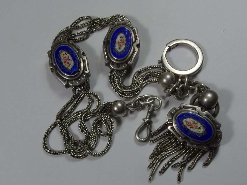 Miniatura: 3987 ROBUST STERLING SILVER POCKET WATCH CHAIN W FLORAL ENAMEL, CIRCA 1880