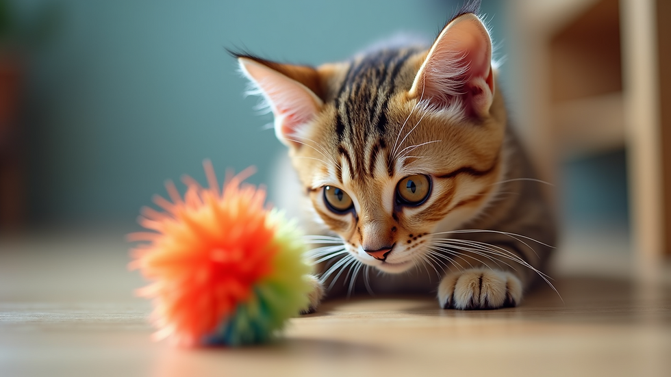 Eye-level view of a stylish cat playing with a colorful pom-pom ball