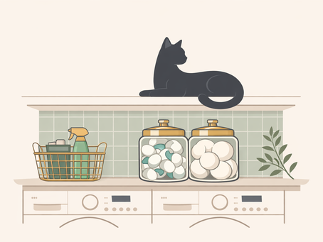 Minimalist illustration of a black cat silhouette in an elegant laundry room with glass cleaning jars, gold accents, and sage green details, symbolizing cat-safe home cleaning.