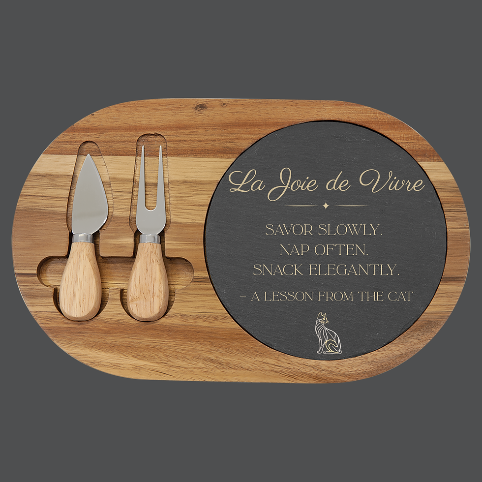 Small, wooden "La Joie de Vire" Charcuterie board set. Features text "savor slowly, nap often, snack elegantly - a lesson from the cat". Also features an elegant cat in minimalist line style. Include 2 cheese utensils.