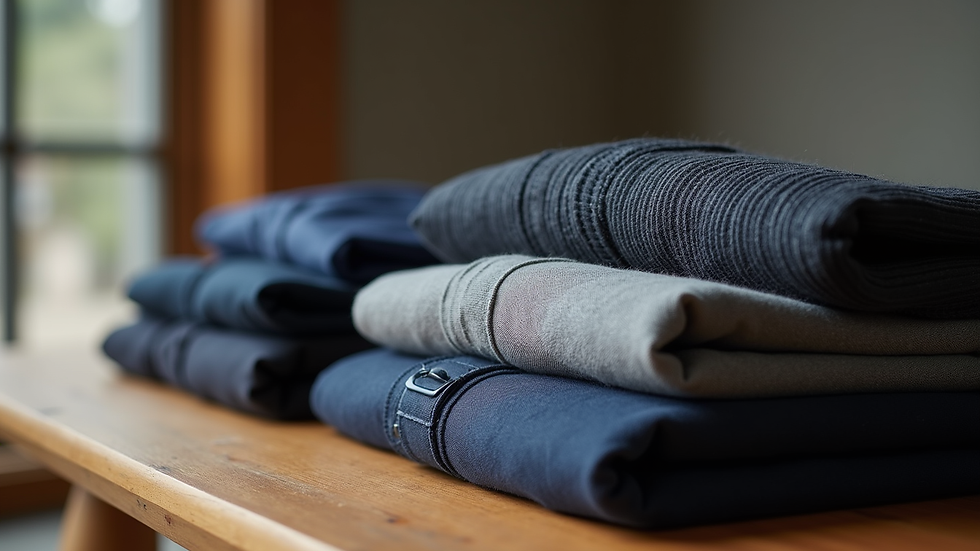 Close-up view of folded premium menswear essentials on a wooden table
