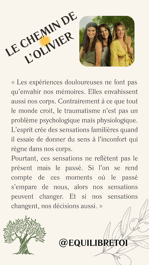 le chemin de l'olivier-quelle est la thérapie dans le chemin de l olivier-netflix série constellations familiales-Zeytin Ağacı-another self-ada leila sevgi-explication fin saison 3 chemin olivier-expérience douloureuse-mémoire épigénétique-traumatisme qui se transmet-comment ne pas transmettre à nos enfants-inconfort corps-traumatisme psychique-physiologique et psychique lié-charge mentale-sensations intérieures-intelligence émotionnelle-comment s'écouter-comment sortir du mental-comment s'occuper de soi-thérapie transgénérationnel reims-constellations familiales reims pas cher-constellations familiales laon pas cher-constellations familiales autour de moi