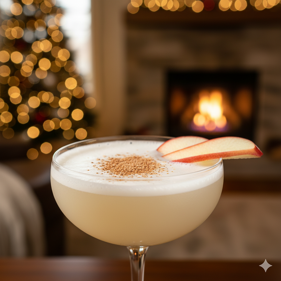 Festive cocktail with apple slices and cinnamon garnish, against a cozy backdrop of a fireplace and a decorated Christmas tree.