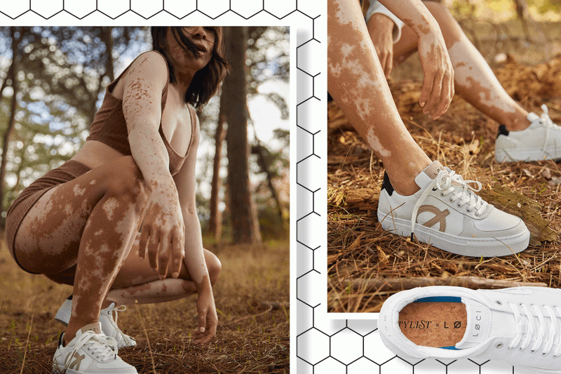 A collage of photos showcasing Loci Seven trainers in white with brown and beige detail. The model wearing the trainers has straight brown hair, vitiligo, and is wearing a brown sports bra and shorts. The photos are various angles of the shoes.