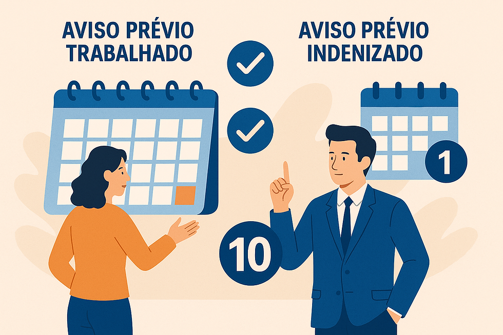 Ilustração mostrando a diferença entre aviso prévio trabalhado e aviso prévio indenizado, com dois personagens ao lado de calendários; o aviso trabalhado é representado por uma mulher e o prazo de 10 dias, enquanto o aviso indenizado é representado por um homem e o prazo de 1 dia útil.