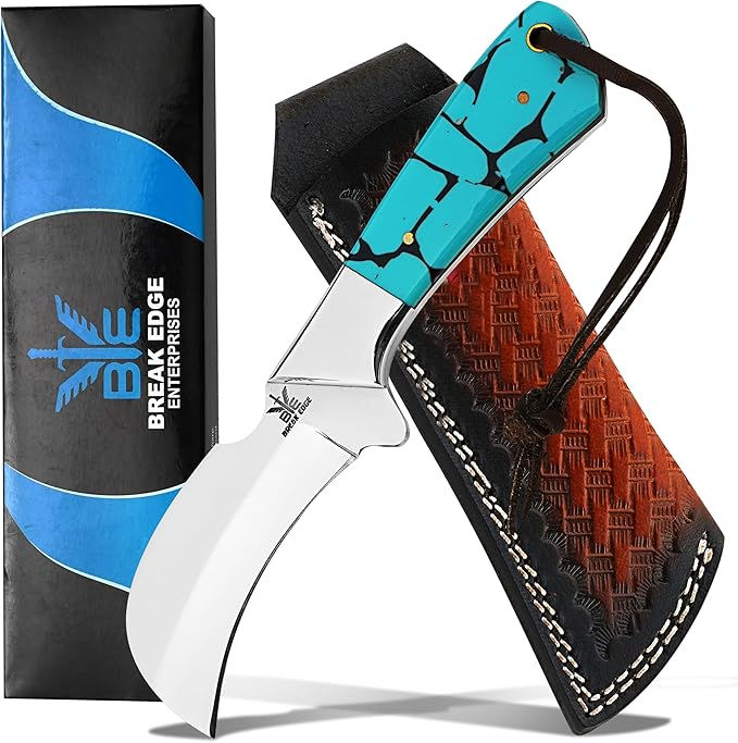 Stainless Steel Lineman's Hawkbill Knife, Fixed Blade Full Tang, Turquoise Handl