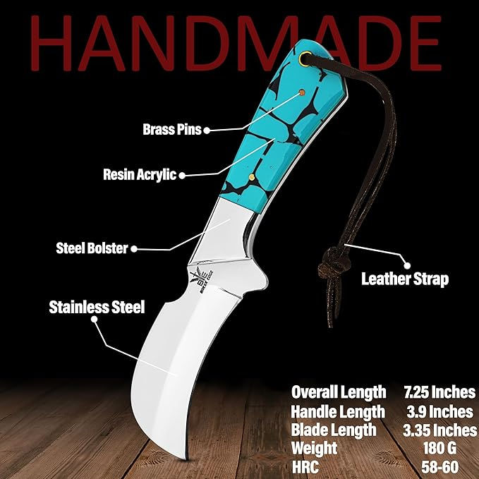 Stainless Steel Lineman's Hawkbill Knife, Fixed Blade Full Tang, Turquoise Handl
