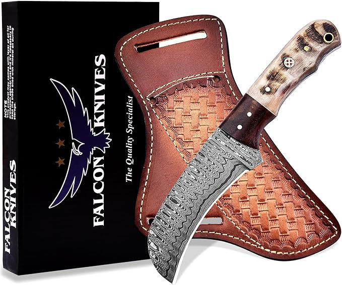 Handmade Damascus Steel Lineman’s Hawkbill knife with Leather sheath, Fixed blad