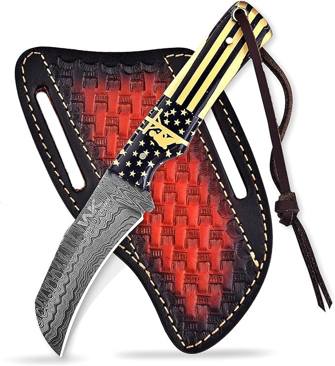 Handmade Damascus Steel Lineman tools Hawkbill knife with Leather Sheath, Profes