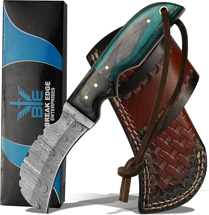 Damascuss Steel Lineman's Hawkbill Knife, Fixed Blade Full Tang, Turquoise Handl