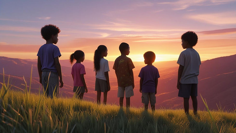 Photorealistic, wide cinematic shot of several children standing on a grassy hill, looking