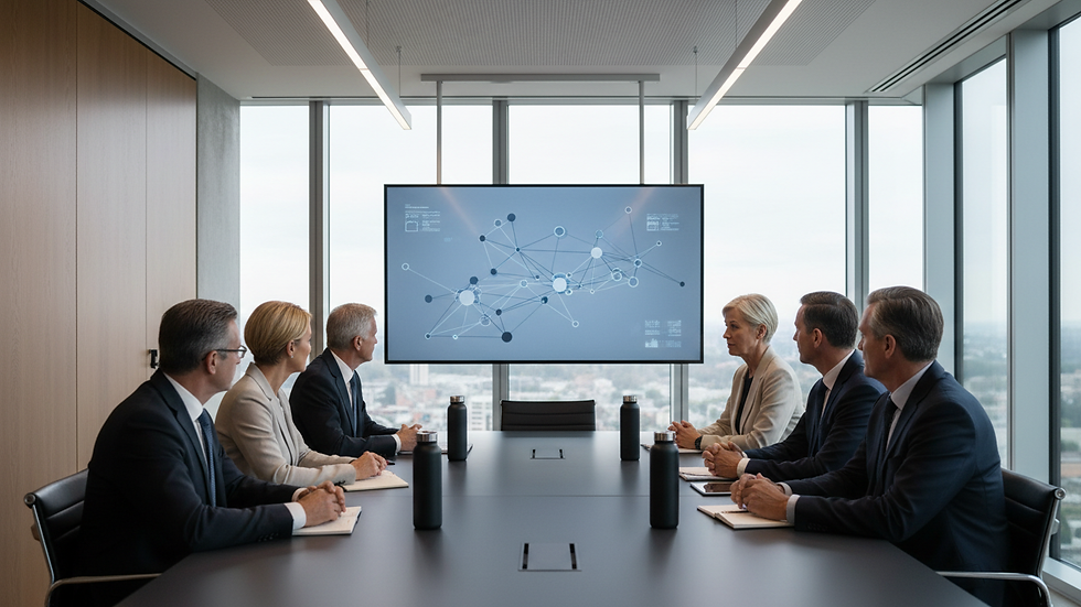 Eye-level view of a conference room with senior executives discussing strategy