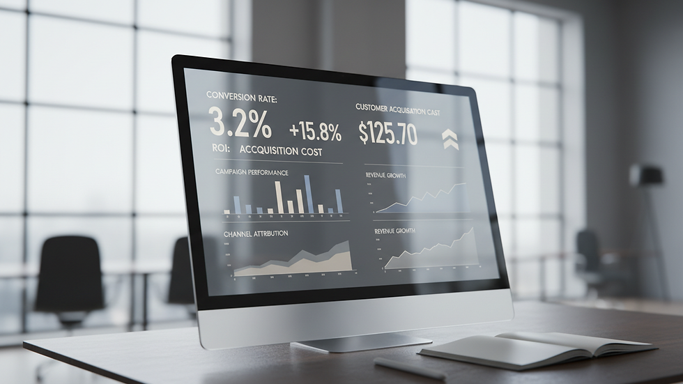 Close-up view of a digital dashboard showing marketing performance metrics