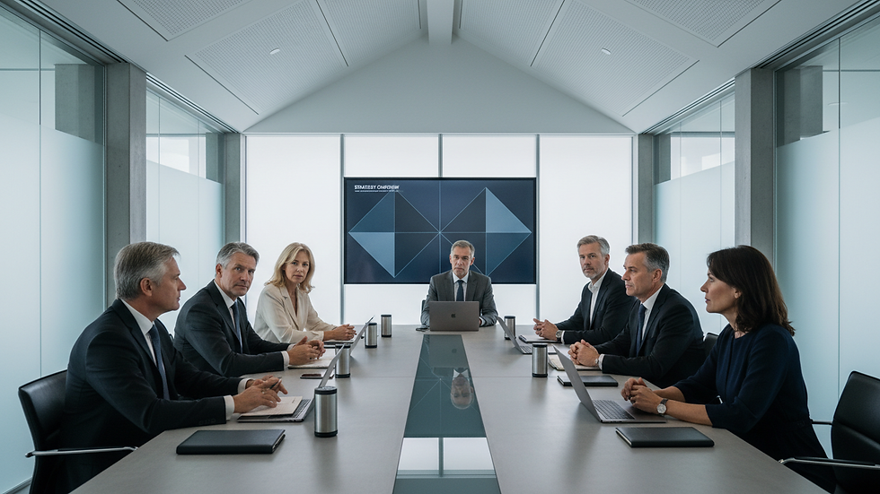 Eye-level view of a conference room with senior executives discussing strategy