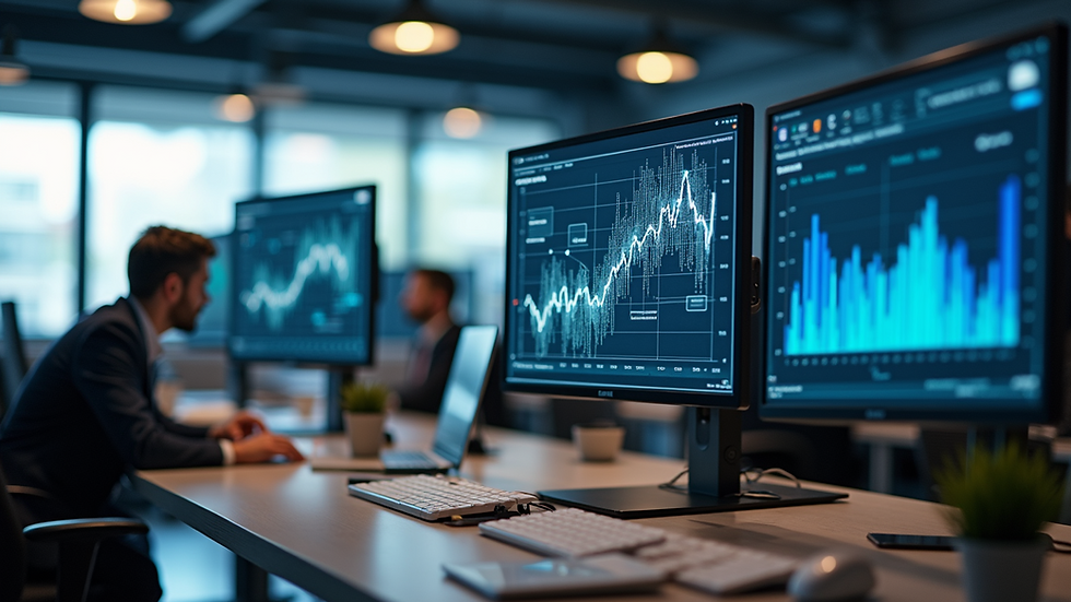 Eye-level view of a modern office workspace with multiple digital marketing screens