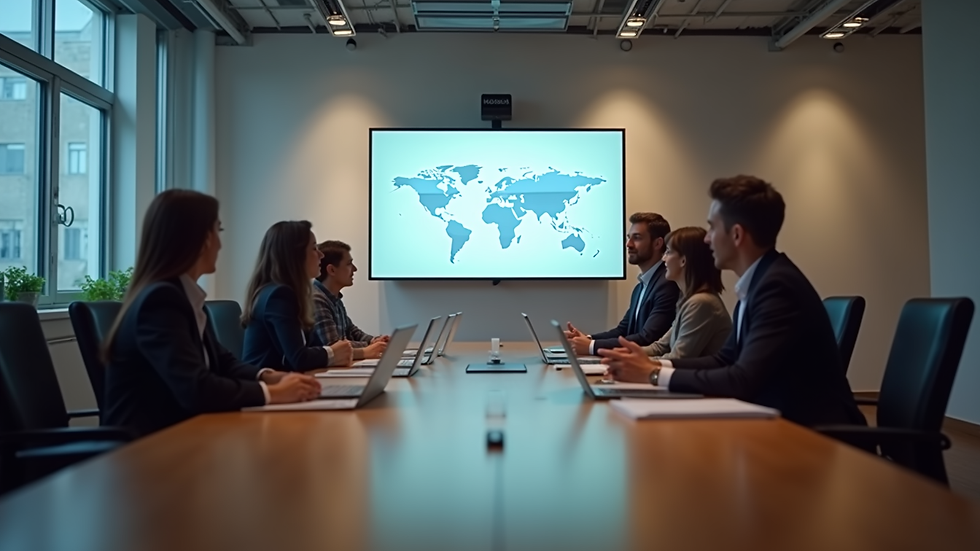Eye-level view of a conference room with a digital marketing strategy presentation on screen