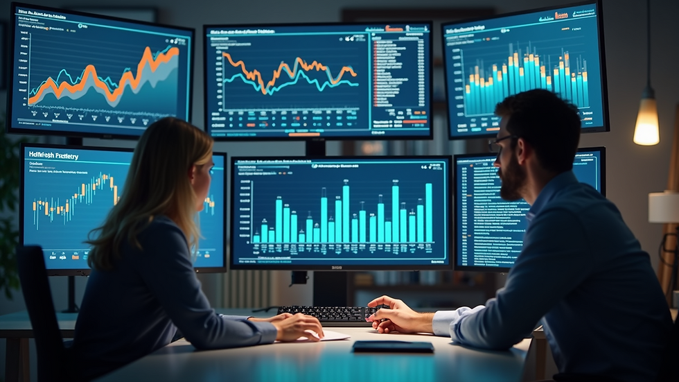 Eye-level view of a digital marketing team analyzing data on multiple screens