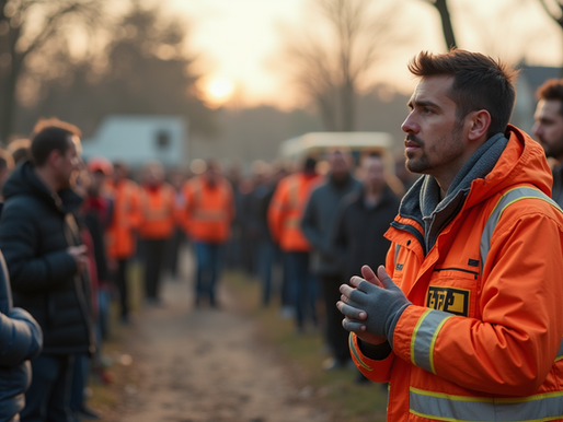 Emergency response personnel gathered outdoors for a briefing, with a lead responder in a high-visibility jacket addressing a group during a coordinated incident response.