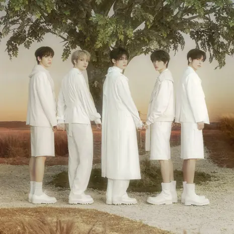 Five people in white outfits stand under a tree, holding hands. The background is a serene landscape at sunset with a warm, tranquil mood.