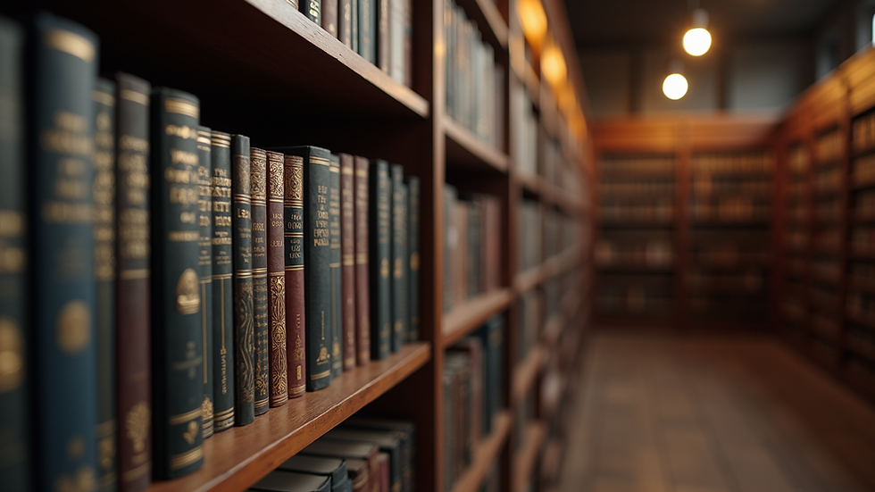 Eye-level view of a library shelf filled with theological books