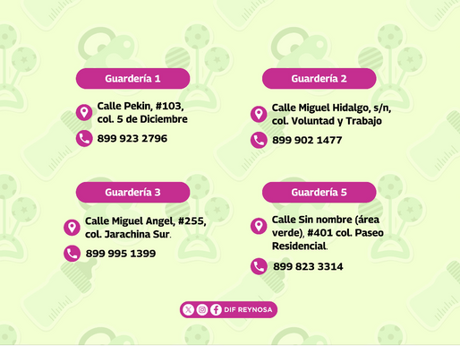 Ofrece DIF-Reynosa atención integral en sus 4 GuarderíasEl Sistema DIF Reynosa, que preside Carlos Luis Peña Garza, mantiene abiertas las inscripciones para sus 4 Guarderías.