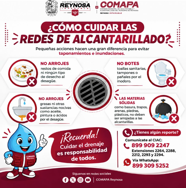 Exhorta COMAPA a la ciudadanía a cuidar las redes de alcantarilladoCon el objetivo de prevenir taponamientos, fugas e inundaciones.