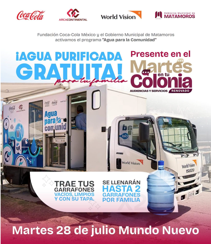 ¡Aprovecha el programa "Agua para la Comunidad"! 📅 Este martes, a partir de las 🕙 10:00 de la mañana, te esperamos en Martes en tu Colonia, en el 📍Centro de Convenciones Mundo Nuevo.