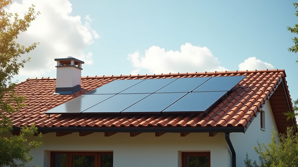 Vista frontal de paneles solares instalados en techo residencial