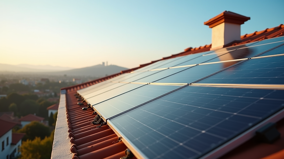 Vista aérea de paneles solares instalados en techo residencial