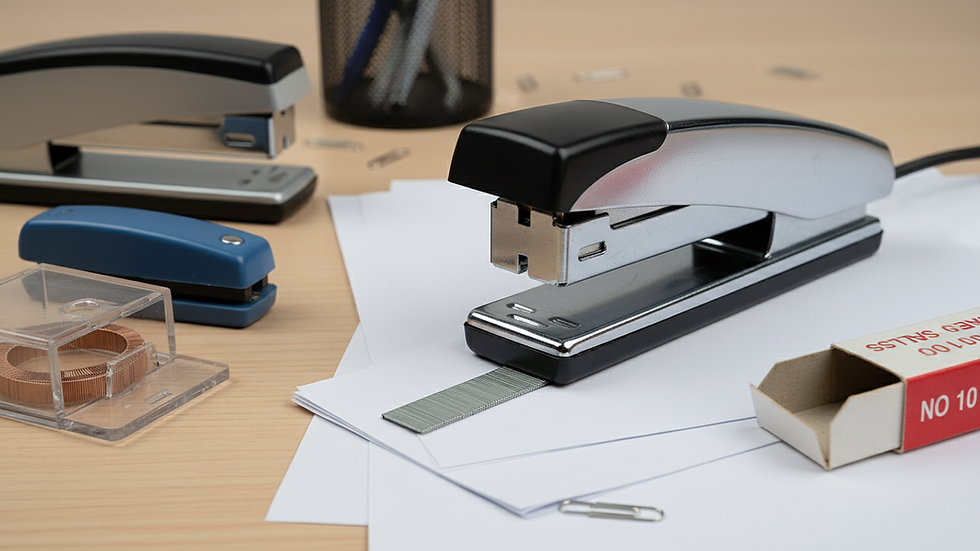 Close-up view of a stapler securing papers on a desk