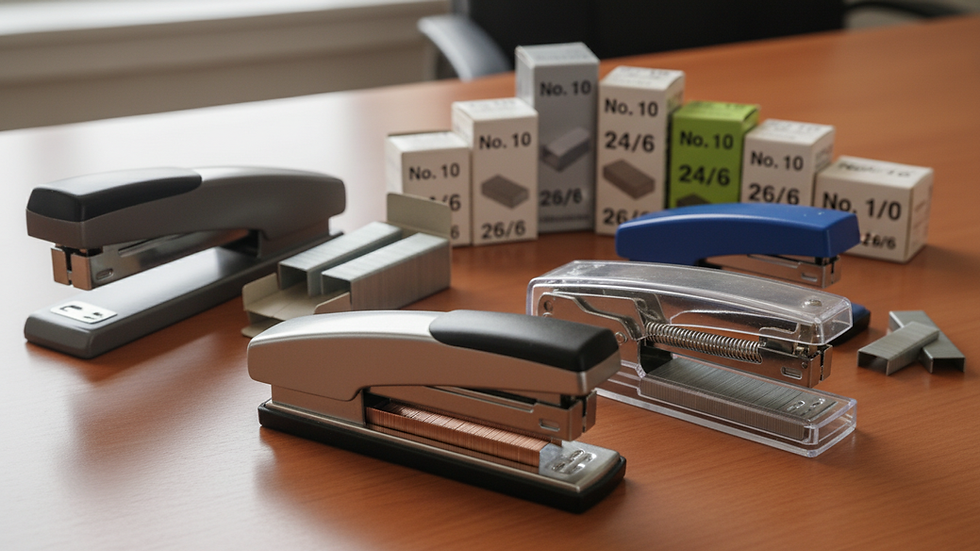 Close-up view of a desktop stapler on a wooden office desk