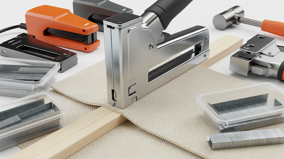 Close-up view of a staple gun fastening fabric to a wooden frame