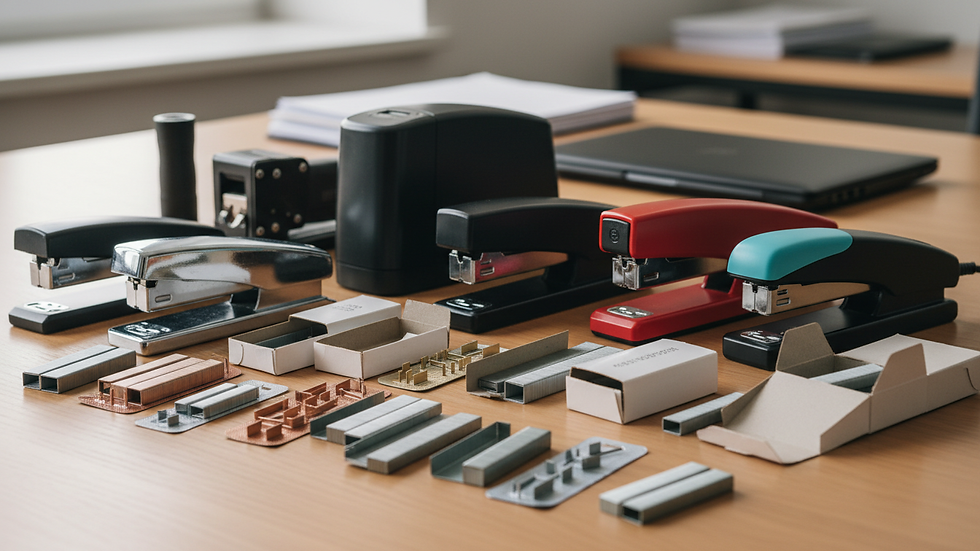Eye-level view of a variety of staples and staplers on a desk