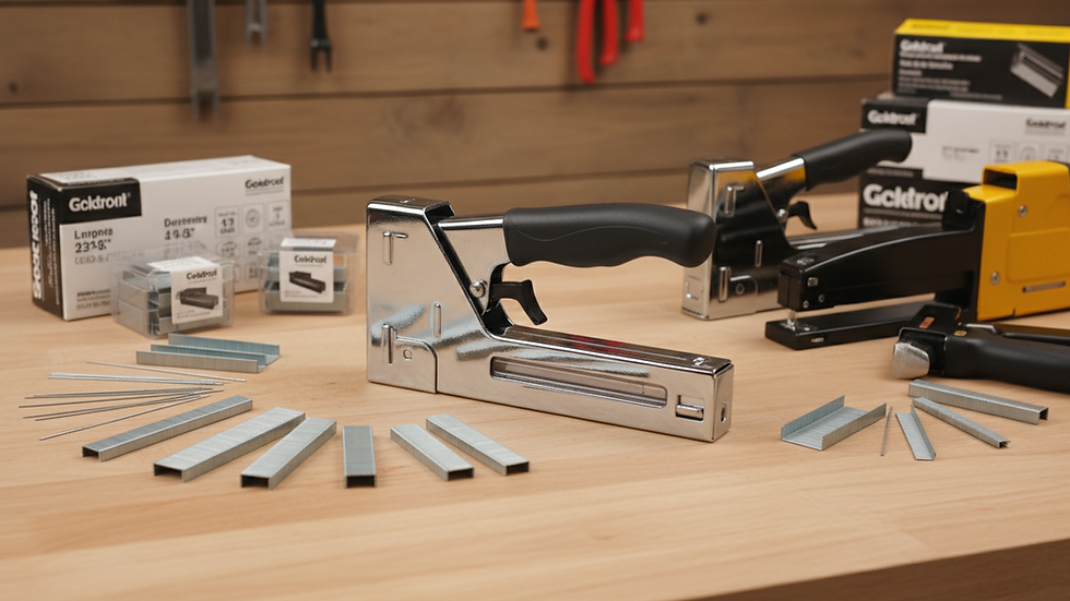Close-up view of a manual staple gun on a wooden surface