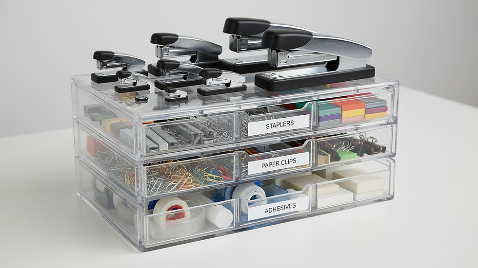 Close-up view of labelled office supply drawers with organised stationery