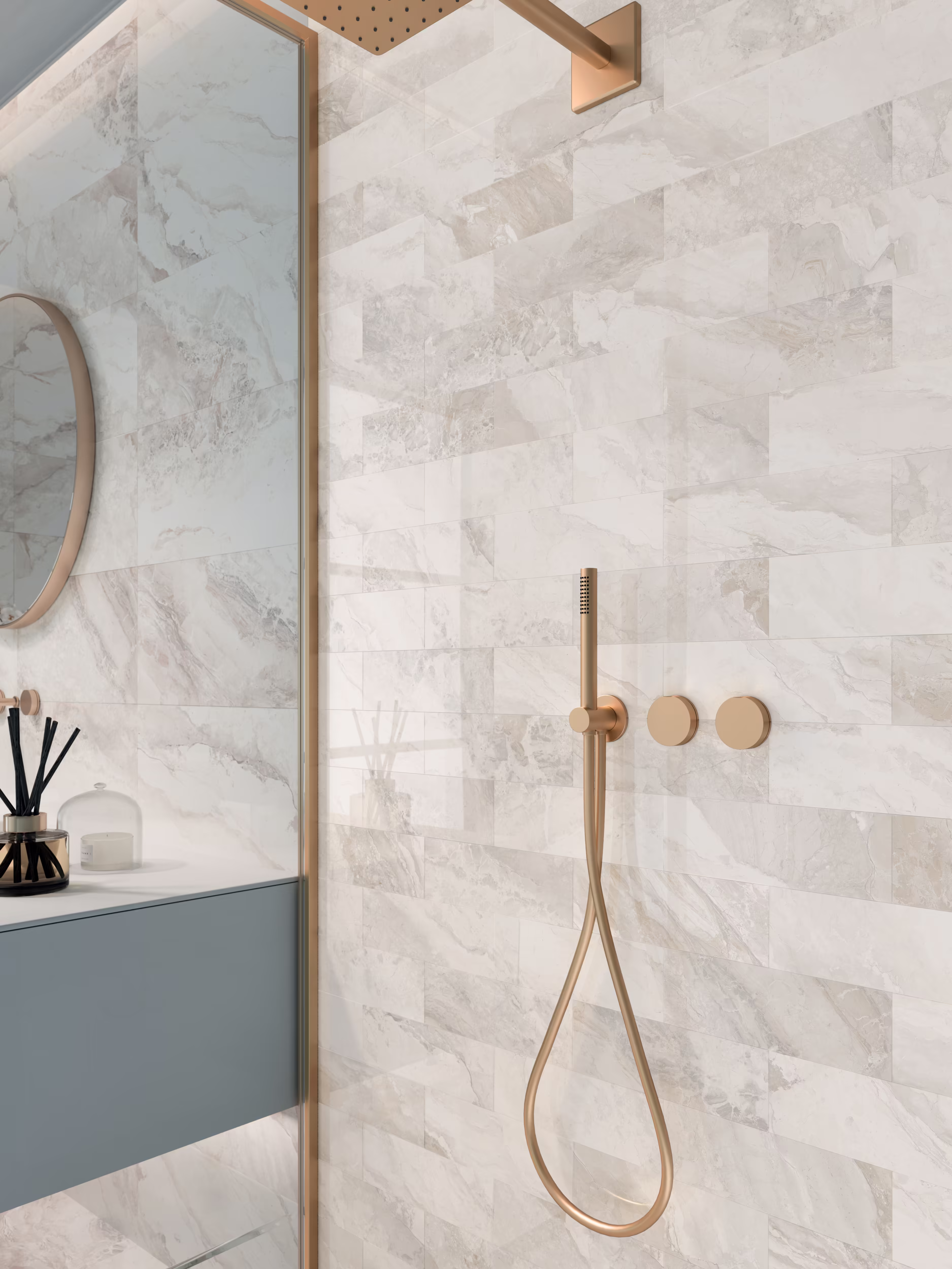 大理石調タイル Mystic Ivory(アイボリー)— 洗面所壁面の施工イメージ