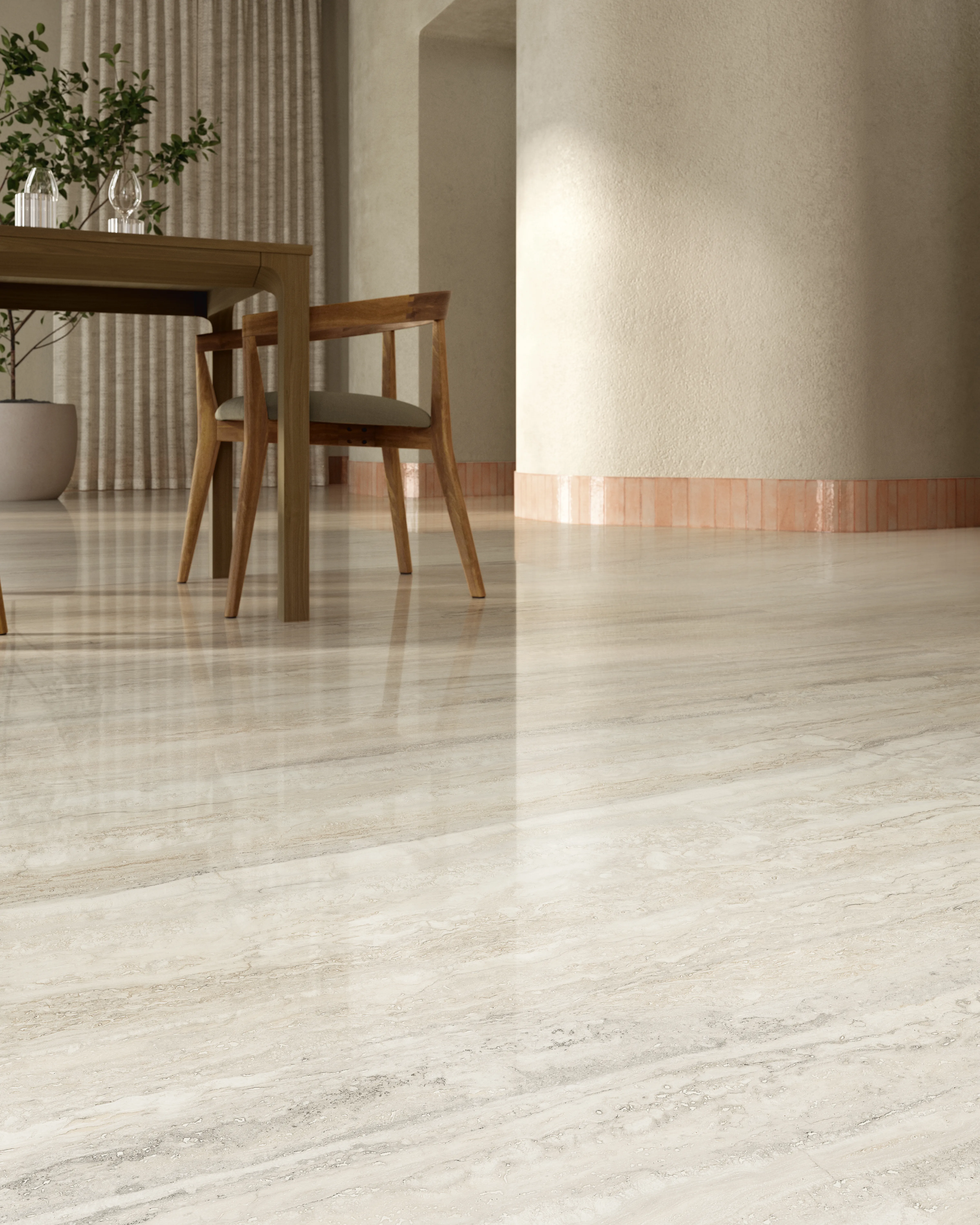 INVICTUS 600×1200mm大判トラバーチンタイルの施工イメージ｜広いロビー空間での使用例