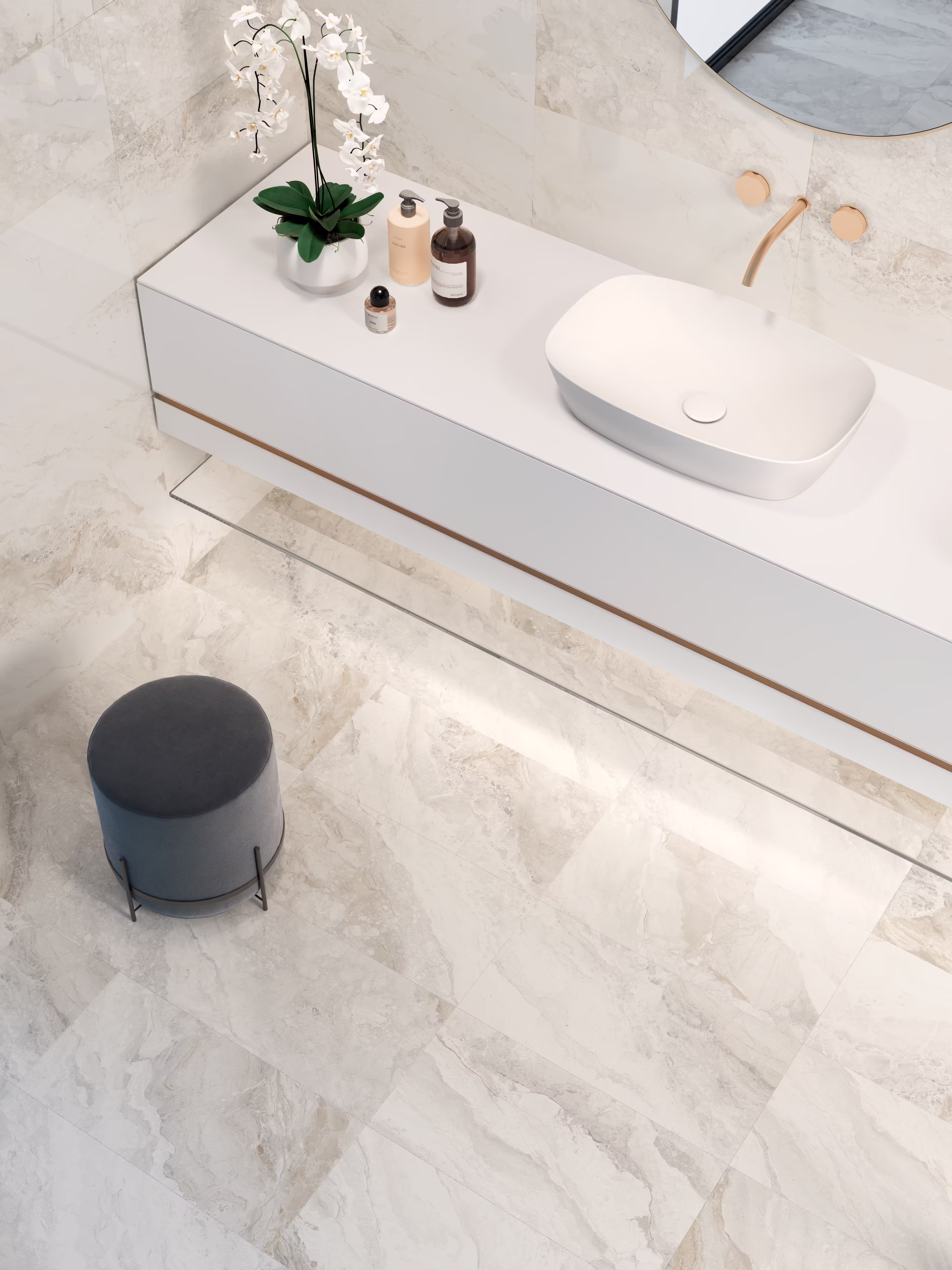 大理石調タイル Mystic Ivory(アイボリー)— 洗面所床の施工イメージ