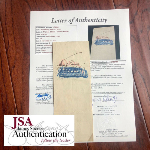 THOMAS EDISON * JSA LOA * Signed Promissory Check Autograph * Umbrella Signature Signaturistink