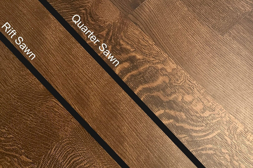 Close-up of two wooden planks showing "Rift Sawn" and "Quarter Sawn" patterns with distinct grain textures, labeled text on a brown background.