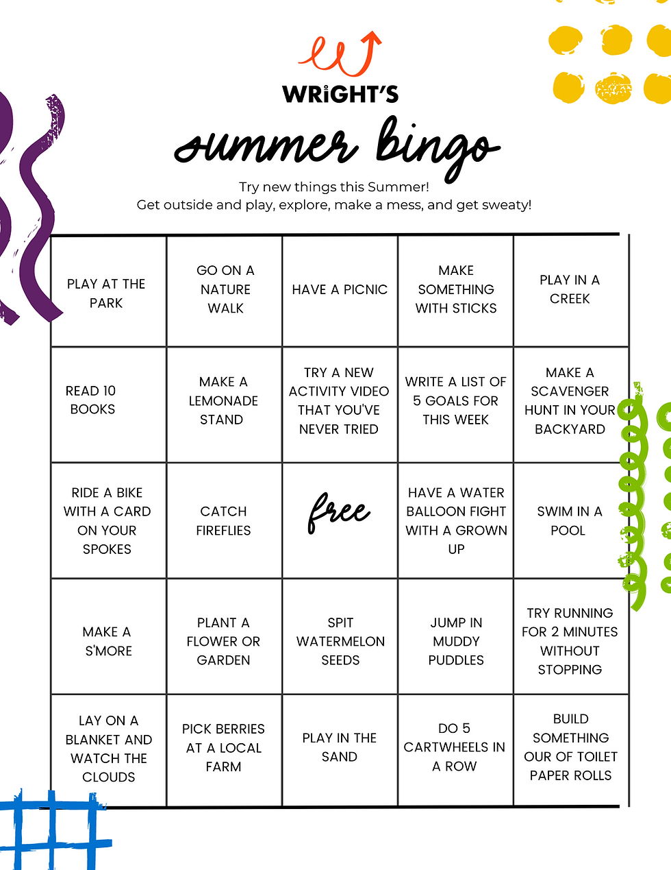 bingo card with summer kid activities