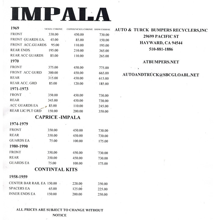 chevy impala bumper parts and accessories