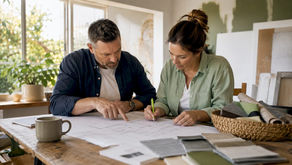 Couple reviewing home renovation plans at table