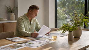 Man reviewing home builder portfolios at kitchen table
