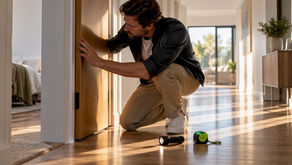 Homeowner inspecting new home door alignment