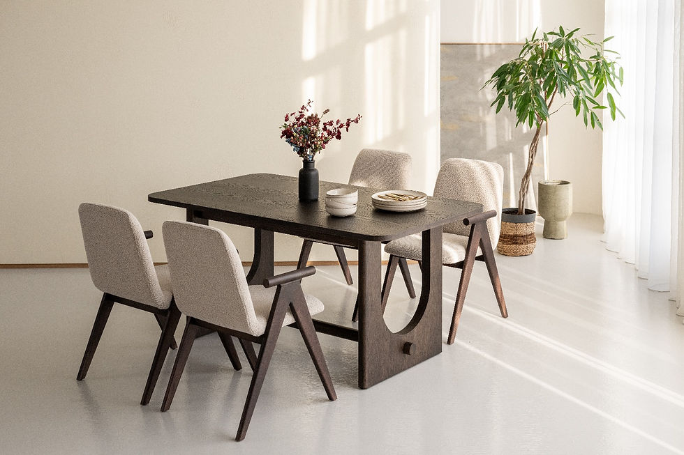 Miniatura: Modernus COOPER stalas su ąžuolo faneruotės apdaila ir prailginimo galimybe. Išskirtinis dizainas, kompaktiškas dydis ir tvir