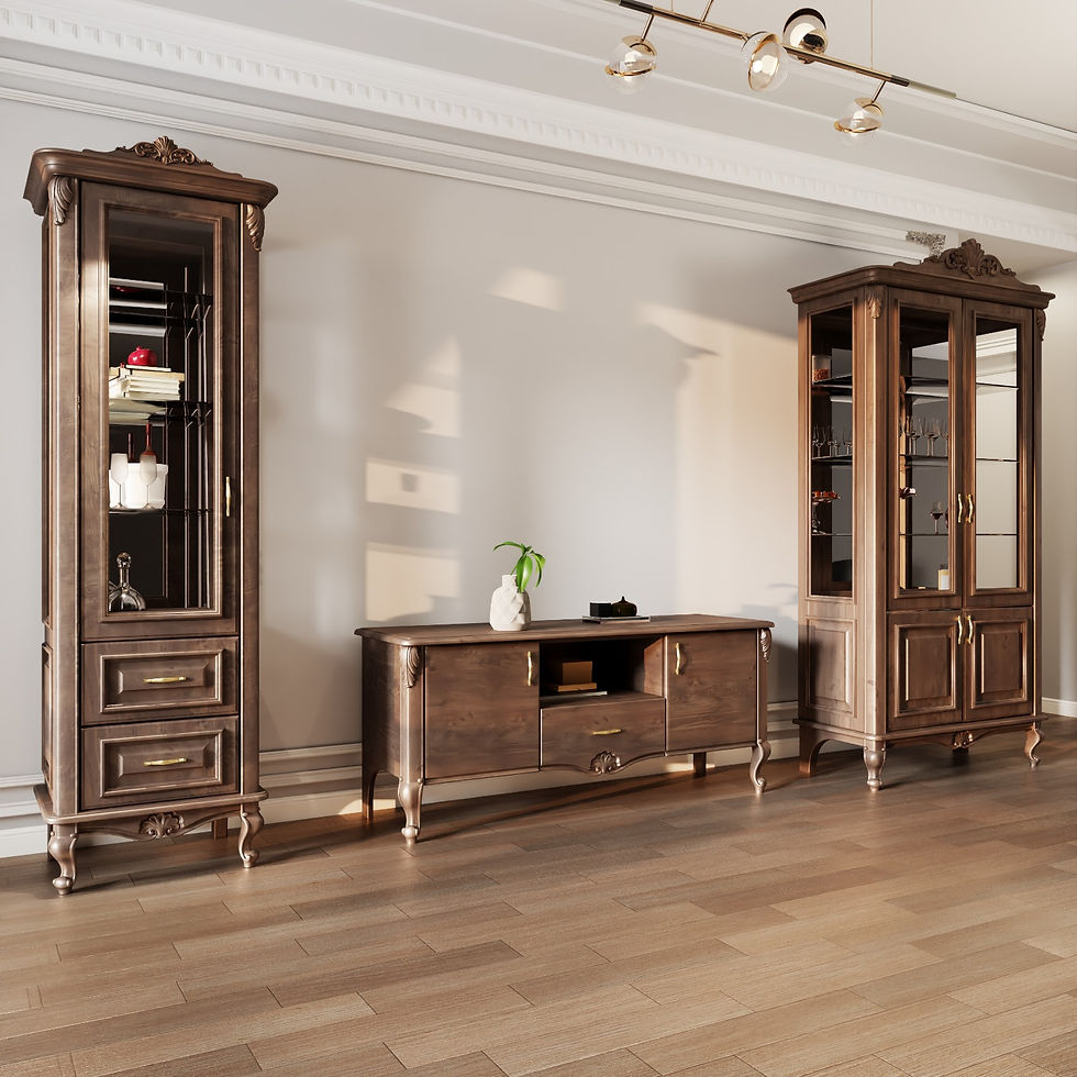 Miniatiūra: Klasikinė LUI indauja su dviem stalčiais ir stiklinėmis durimis. Buko masyvas, elegantiški raižiniai, galima keisti spalvą ir