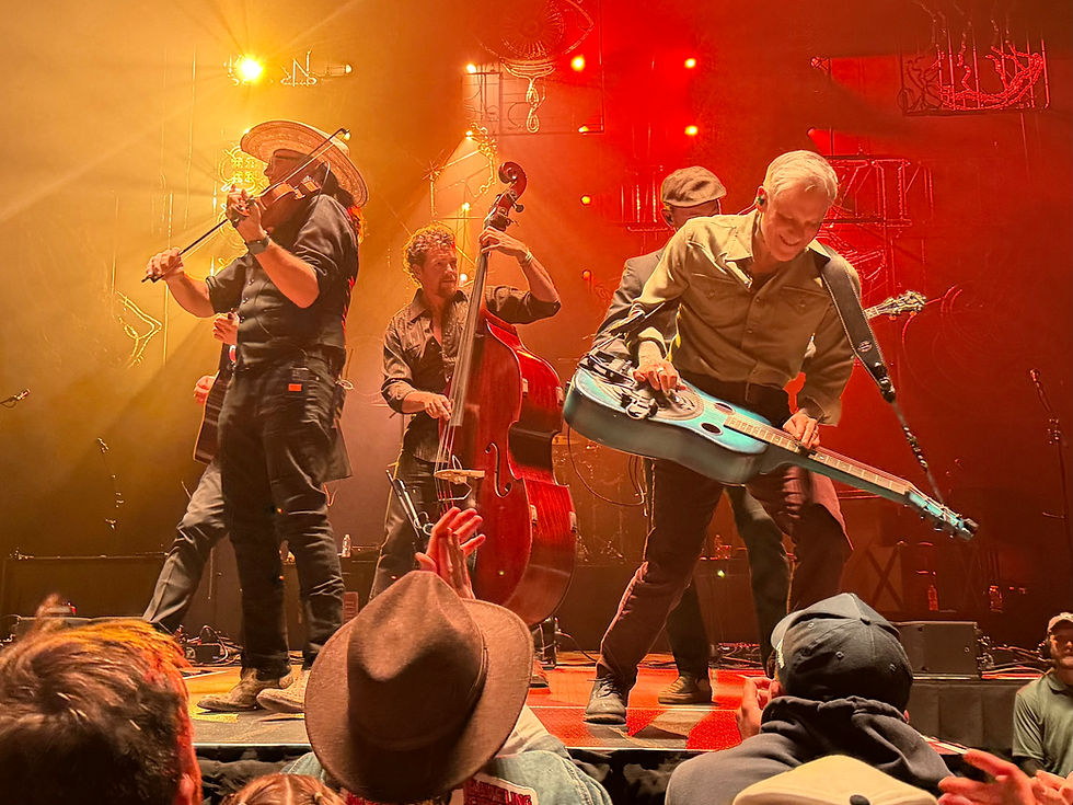 The Infamous Stringdusters perform on stage with vibrant lighting. One plays a violin in a hat, another a blue guitar, and another a double bass. Audience watches.