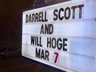 Marquee of the Bijou Theatre advertising for Darrell Scott and Will Hoge